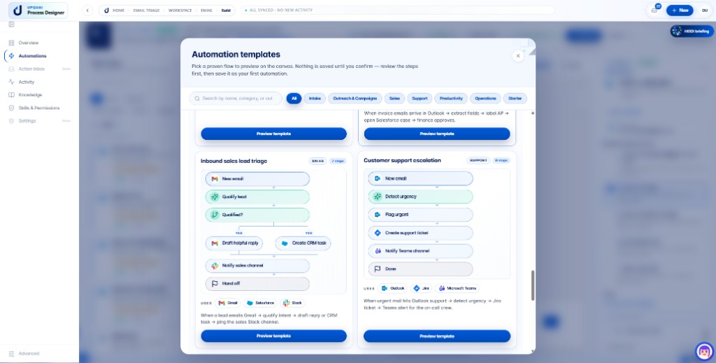 Email Automation automation template gallery with inbound sales and support workflow previews