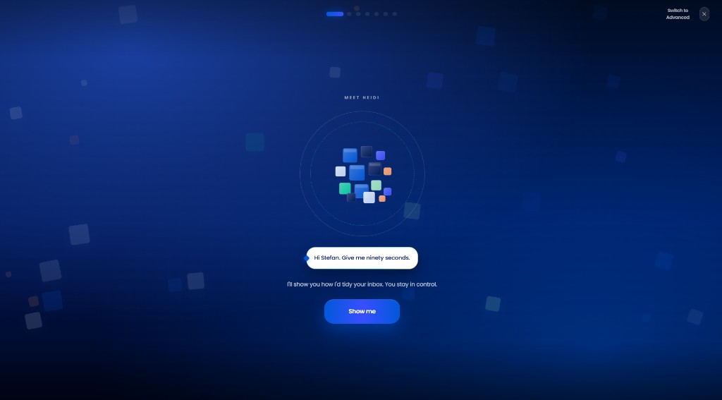Email Automation ninety-second setup intro screen with Meet HEIDI welcome