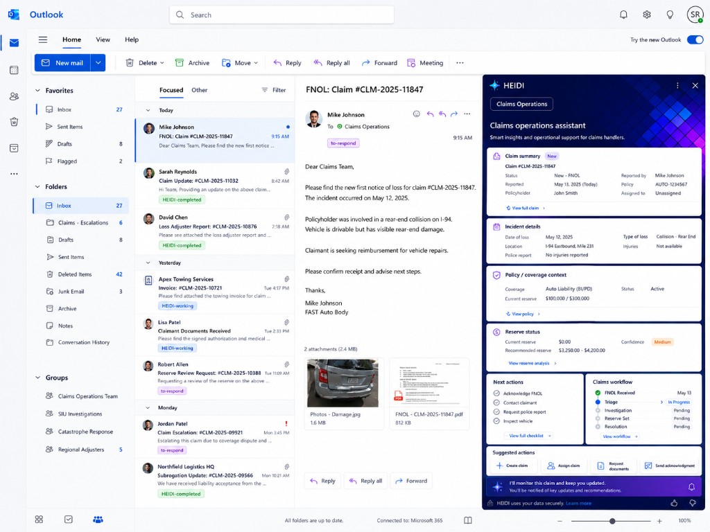 HEIDI Claims-Operations-Assistent in Outlook triagiert eine Schadenmeldung mit Schadendetails, Reserve-Empfehlung und Claims-Workflow
