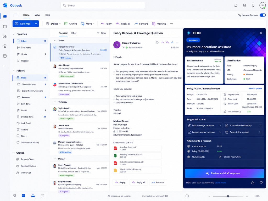 HEIDI Insurance-Operations-Assistent in Outlook klassifiziert eine Renewal-Anfrage mit Deckungskontext und vorgeschlagenen Aktionen