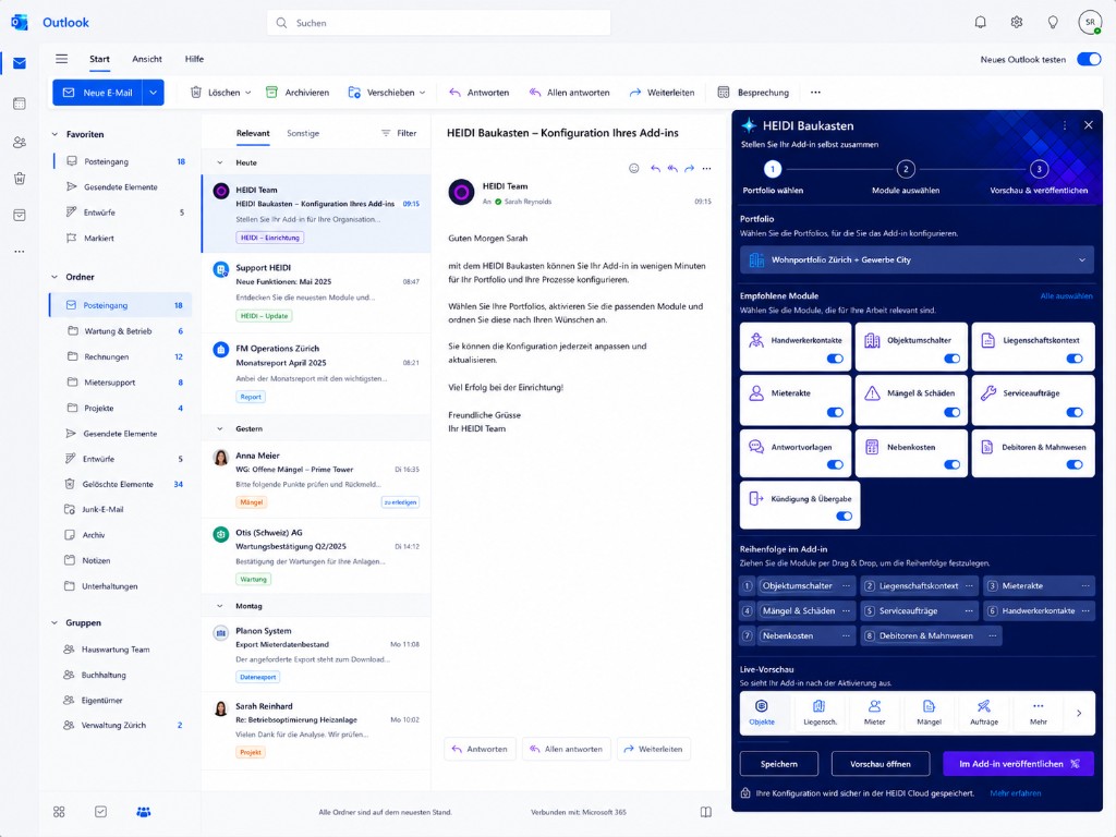 HEIDI module builder in Outlook letting admins select property modules, reorder sidebar functions, and publish to the add-in