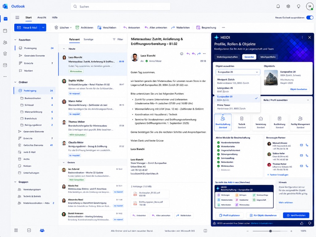 HEIDI role and property configuration in Outlook with active modules, preferred partners, and preview for facility teams